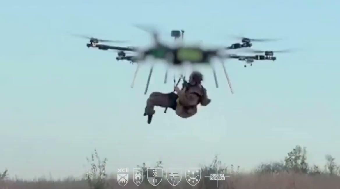 A heavy drone carries the wounded soldier
