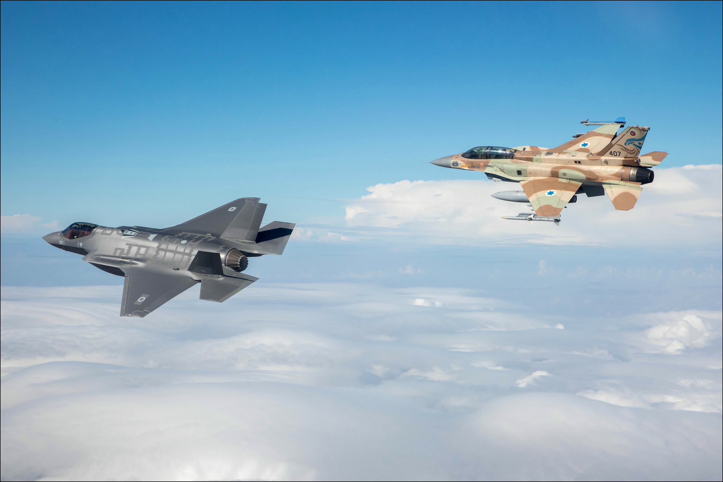 Israeli F-35I and F-16I fighter jets in flight